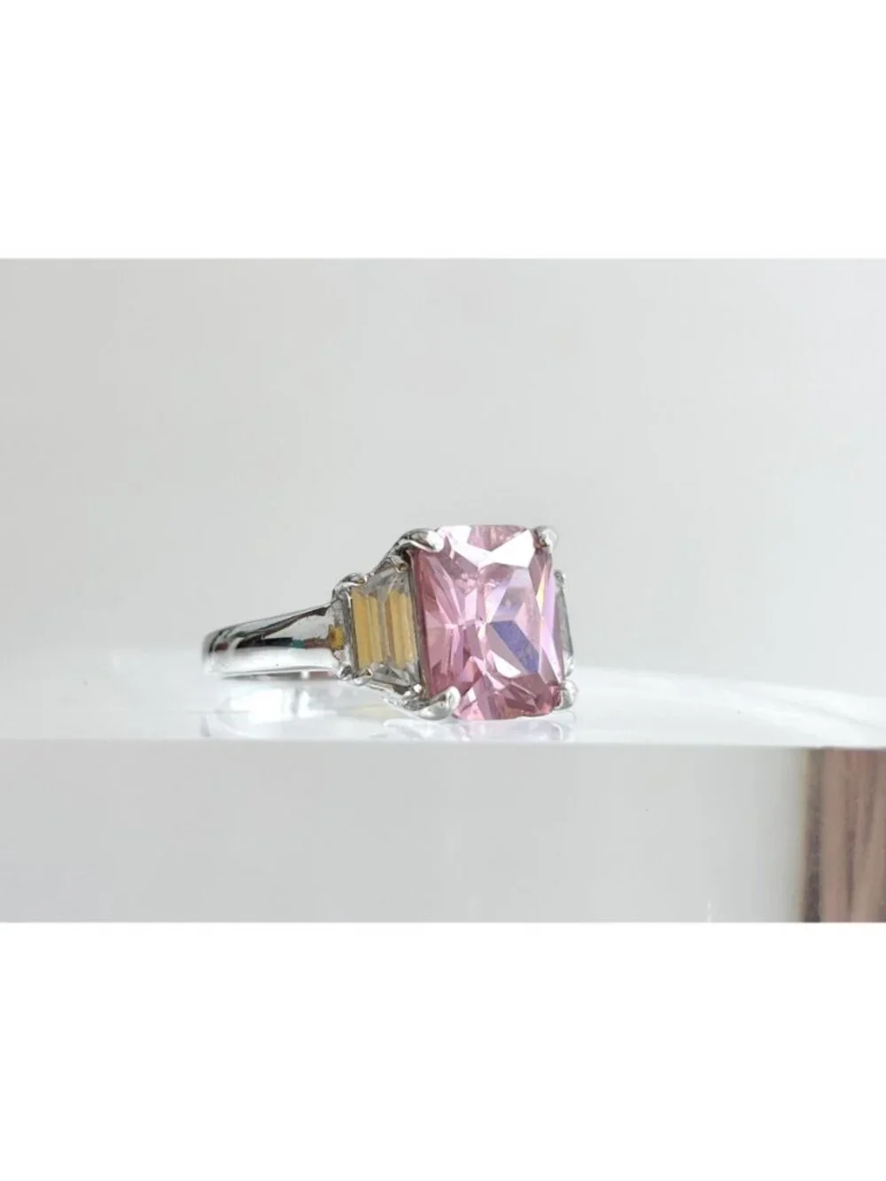 Pink Topaz & CZ Accented Gemstone Sterling Silver 925 Vintage Ring - sz 8.5